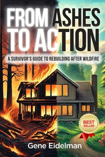 Book cover for “From Ashes to Action” by Gene Eidelman shows a house divided; the left half is engulfed in wildfire flames, symbolizing wildfire recovery, while the right half stands intact amid lush greenery. A “Best Seller” badge is in the bottom right corner.