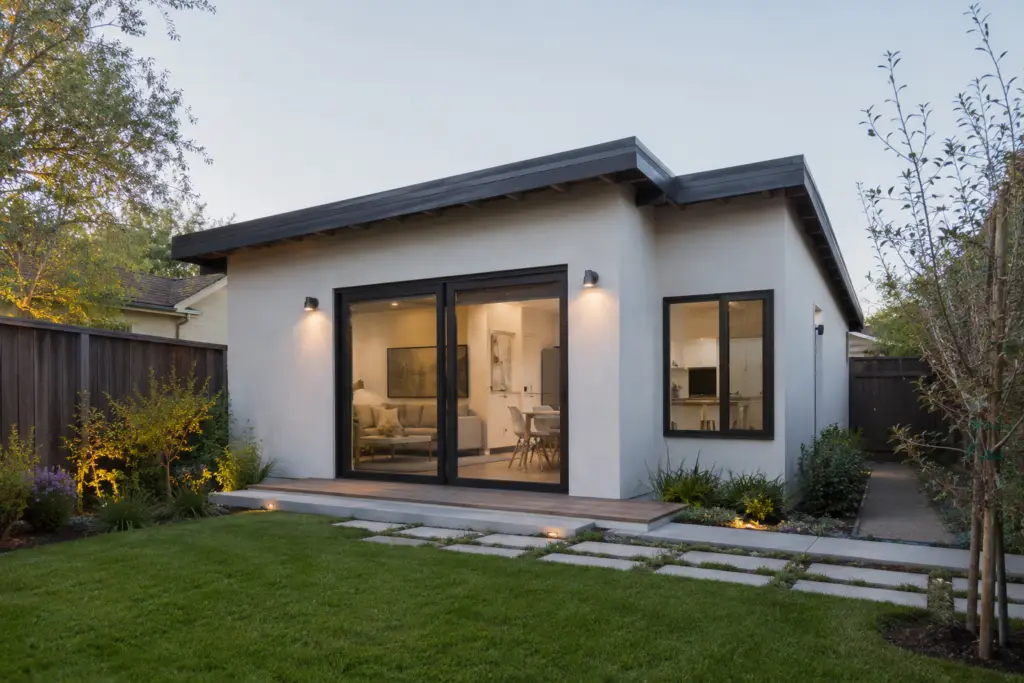 A modern, single-story backyard guest house with white stucco walls and a dark flat roof. Large sliding glass doors and windows reveal a brightly lit interior. A landscaped lawn, stone path, and garden border the building, enclosed by a wooden fence.