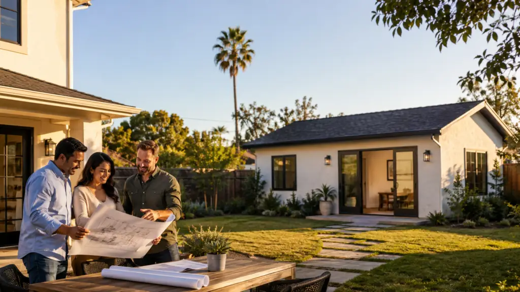 Three people stand outside by a wooden table, reviewing architectural plans for ADU projects. Behind them is a modern white house with large windows and a detached guest house, set in a green, landscaped backyard during golden hour.