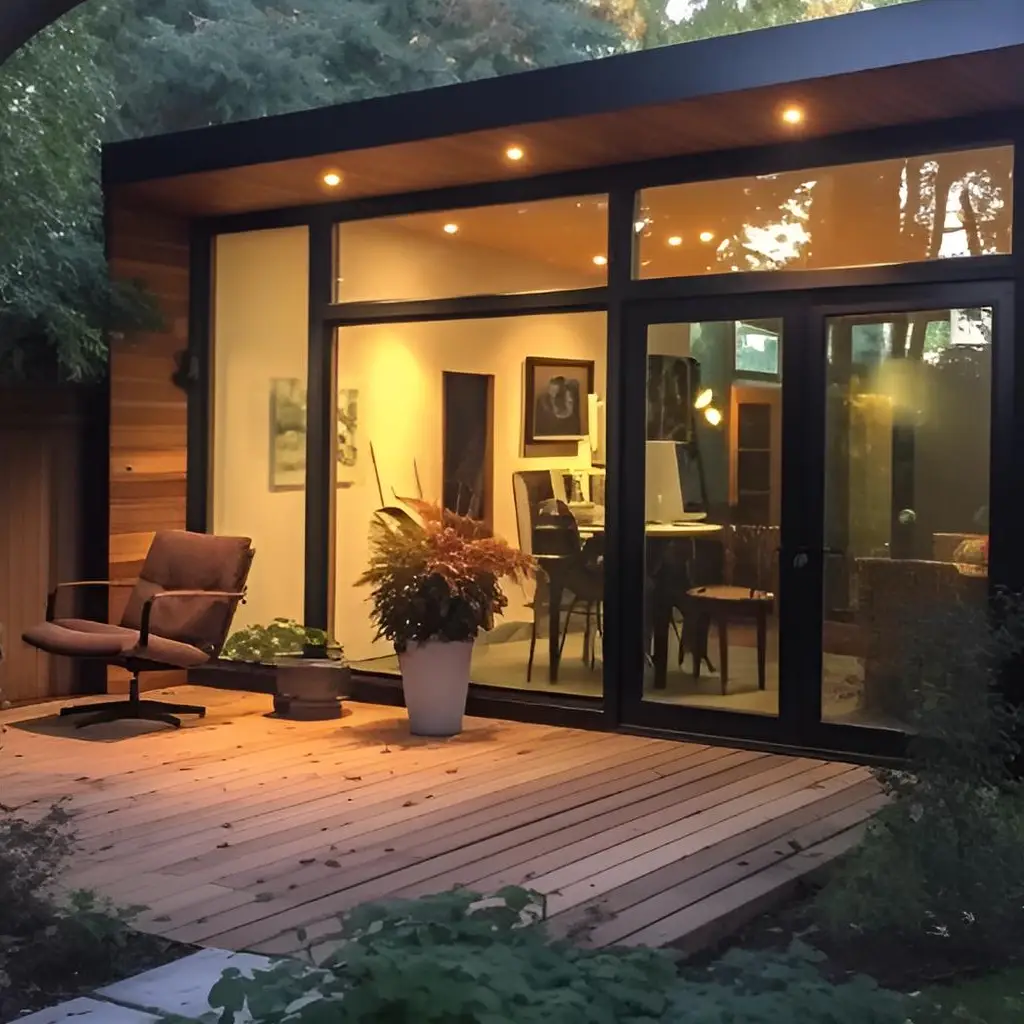 Modern detached accessory dwelling unit (ADU) with floor-to-ceiling windows, wood siding, and a spacious outdoor deck.