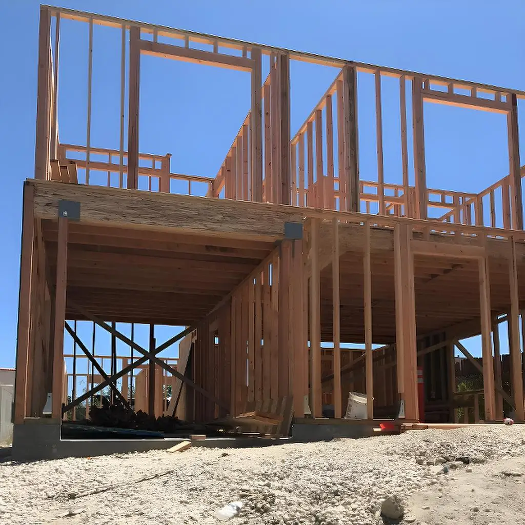 A wooden-framed house under new construction stands on a gravel lot. The structure is bare, exposing beams and studs, with window and door openings visible. The sky above is clear and blue, and construction materials are scattered on the ground—reflecting a typical stage in ADU San Pedro development before kitchen and bathroom remodeling begins.