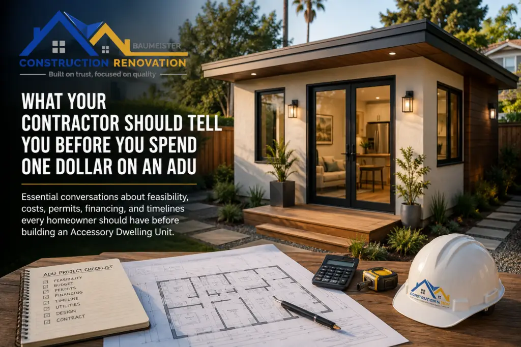 Modern backyard ADU with large windows and a landscaped garden. In the foreground, a wooden table holds architectural plans, a checklist, pen, tape measure, and a white hard hat featuring a contractor’s company logo. Text discusses key conversations to have with your contractor before you spend time or money building an ADU.